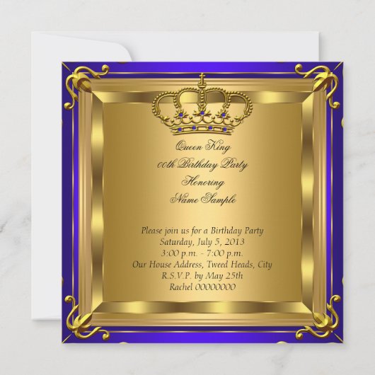 キングまたはクイーン王室のブルー金ゴールド誕生日パーティー2 招待状 (裏面)