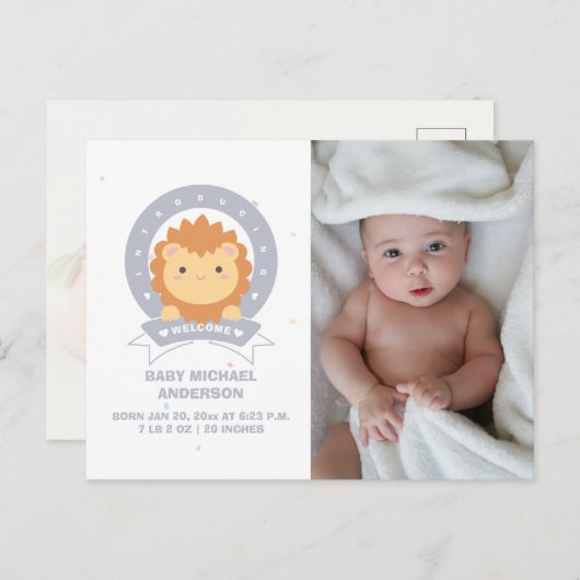 キングオブザジャングルライオンカブ男の赤ちゃん写真誕生 案内ポストカード (正面/裏面)