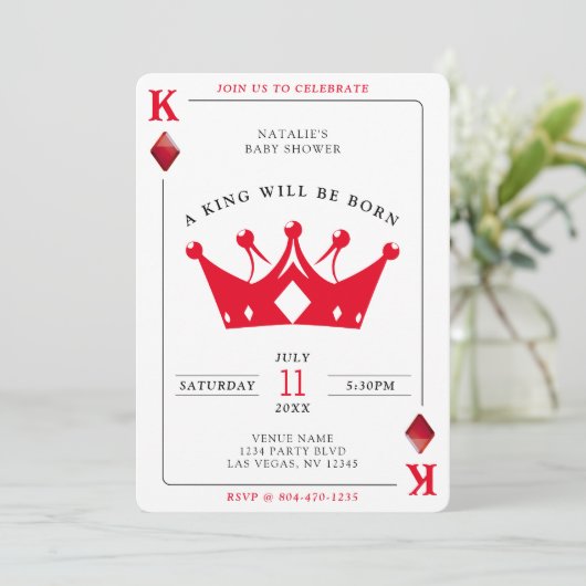 キングオブダイアモンズカジノトランプのポーカーカードボーイベビーシャワー 招待状 (スタンド正面)