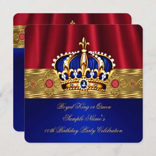 キングクイーンレッドクラウンブルー王室の金ゴールド誕生日5 招待状 (正面/裏面)