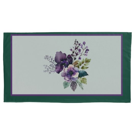 キングサイズフローラデザイングリーンパープル 枕カバー (正面左)