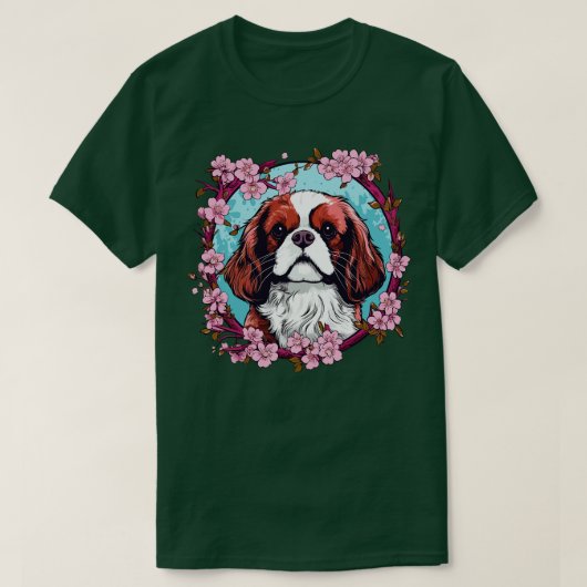 キングチャールズスパニエル犬とさくらんぼ花 Tシャツ (デザイン正面)