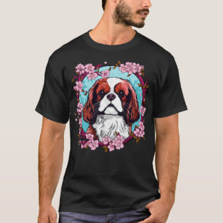 キングチャールズスパニエル犬とさくらんぼ花 Tシャツ