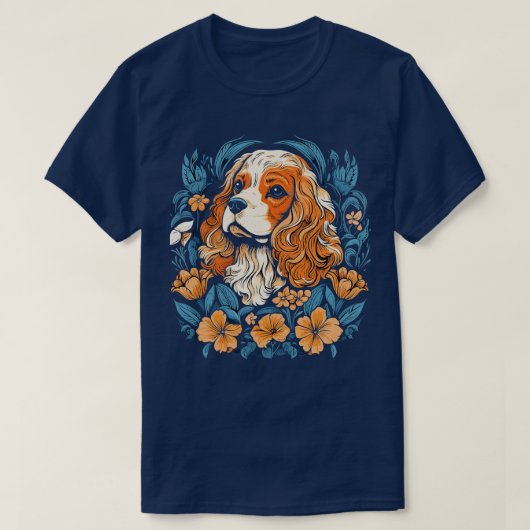 キングチャールズスパニエル犬ウィズリリーイラストレーション Tシャツ (デザイン正面)