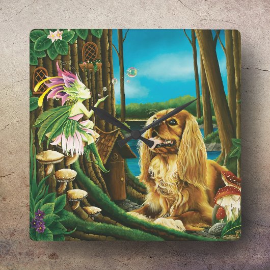 キングチャールズスパニエル犬&スプライト スクエア壁時計