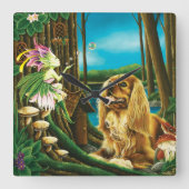 キングチャールズスパニエル犬&スプライト スクエア壁時計 (正面)