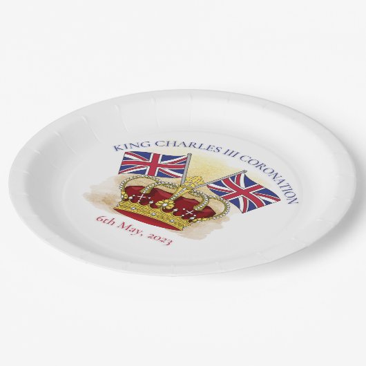 キングチャールズ3世コロネーションクラウンアンドフラッグス紙 ペーパープレート (アングル)