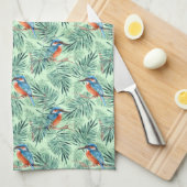 キングフィッシャー。鳥と葉鳥 キッチンタオル (四つ折り)