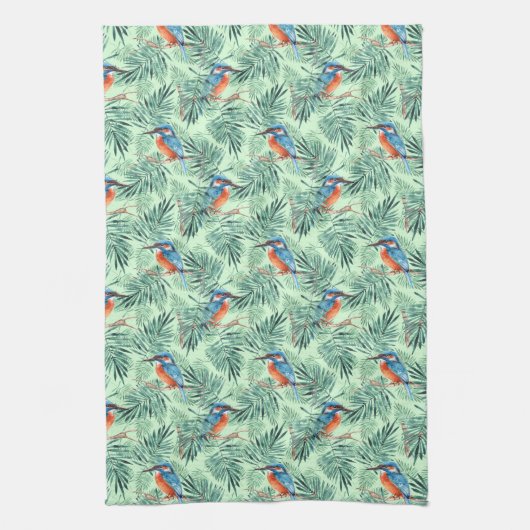 キングフィッシャー。鳥と葉鳥 キッチンタオル (縦)