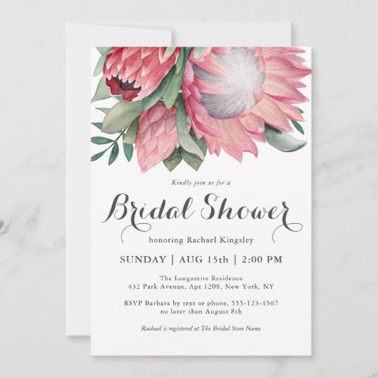 キングプロテアウォーターカラーボタニカルブライダルシャワー 招待状 (正面)