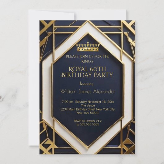 キングマン60th誕生日パーティークラウン金ゴールドネイビーブルー 招待状 (正面)