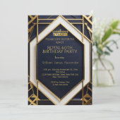 キングマン60th誕生日パーティークラウン金ゴールドネイビーブルー 招待状 (スタンド正面)