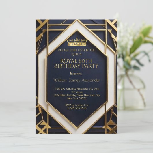 キングマン60th誕生日パーティークラウン金ゴールドネイビーブルー 招待状 (スタンド正面)