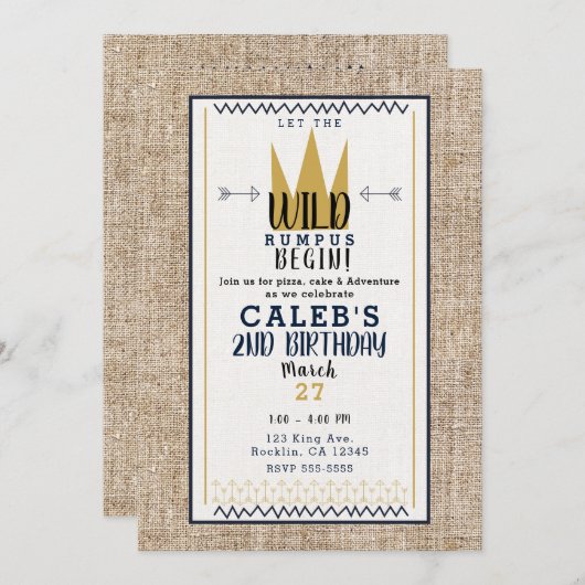 キングワイルドthing金ゴールドクラウンバーラップ誕生日パーティー 招待状 (正面/裏面)