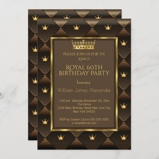 キング60th誕生日パーティークラウン金ゴールドチョックブラウン 招待状 (正面/裏面)