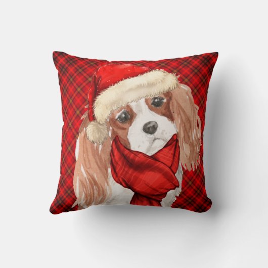 キング・チャールズと赤い格子模様のクリスマスドッグがピルを投げる クッション (裏面)