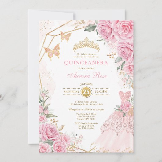キンセかわいらしニーラピンク金ゴールドバラクリンプリンセス 招待状 (正面)