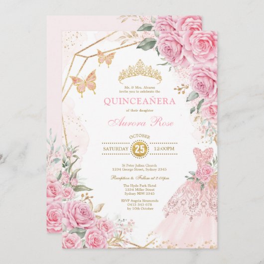 キンセかわいらしニーラピンク金ゴールドバラクリンプリンセス 招待状 (正面/裏面)