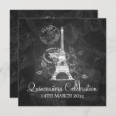 キンセアニェラお祝いパーティーロマンティックパリブラック 招待状 (正面/裏面)
