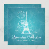 キンセアニェラお祝いパーティーロマンティックパリブルー 招待状 (正面/裏面)