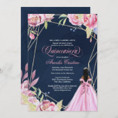 キンセアニェラお祝いピンクのネイビーブルーアフロラティーナ 招待状 (正面/裏面)