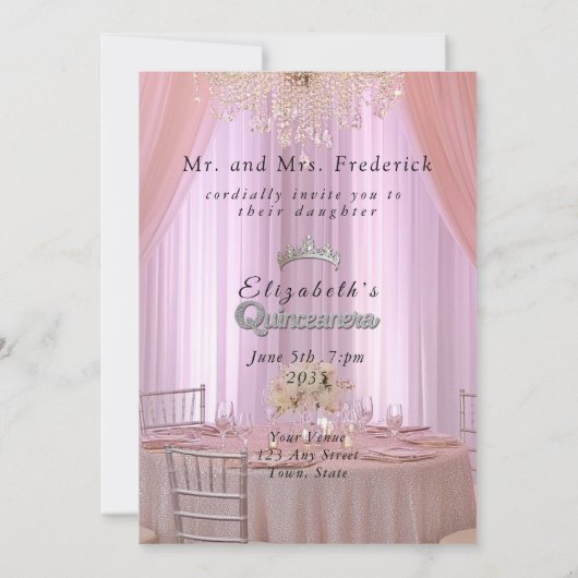 キンセアニェラかわいらしピンクガウンシャンデリアクラウン 招待状 (裏面)