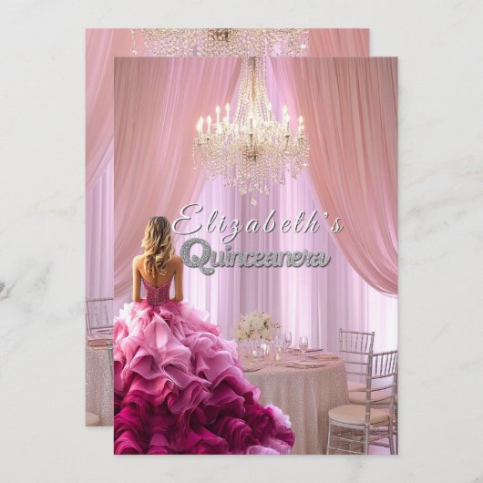 キンセアニェラかわいらしピンクガウンシャンデリアクラウン 招待状 (正面/裏面)