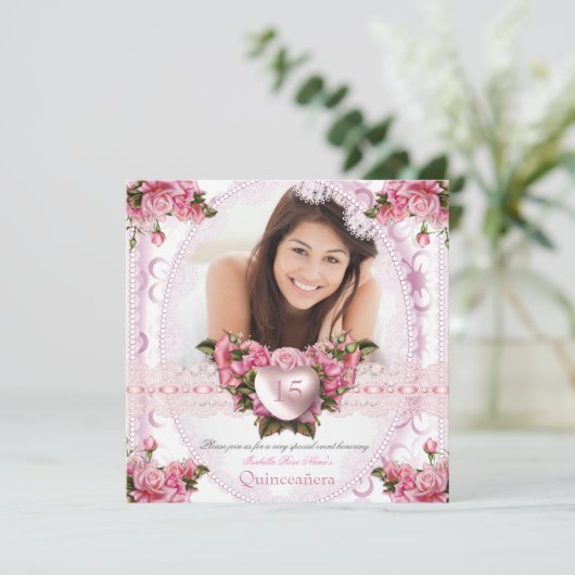 キンセアニェラかわいらしピンクホワイトローズ誕生日2 招待状 (スタンド正面)