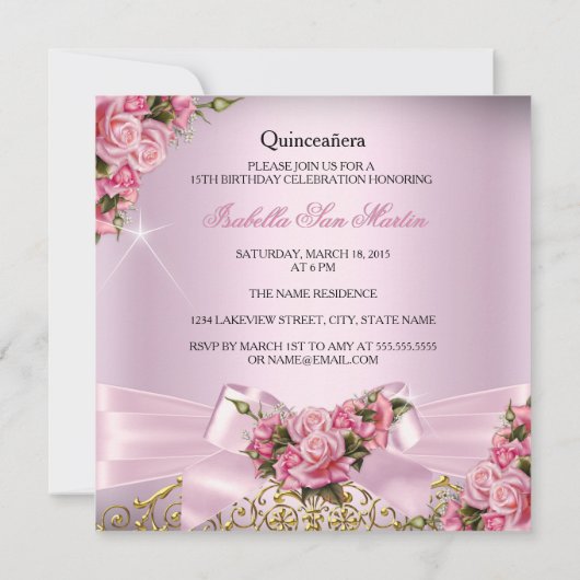 キンセアニェラかわいらしピンクローズティアラフォト誕生日 招待状 (裏面)