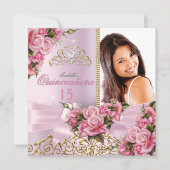 キンセアニェラかわいらしピンクローズティアラフォト誕生日 招待状 (正面)