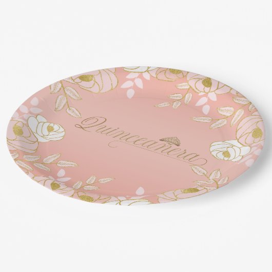 キンセアニェラとティアラボタニカルのピンクと金ゴールド ペーパープレート (アングル)