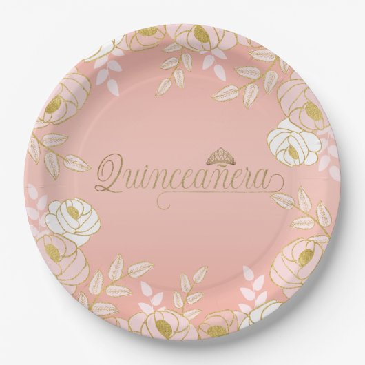 キンセアニェラとティアラボタニカルのピンクと金ゴールド ペーパープレート (正面)