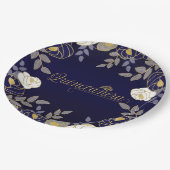 キンセアニェラとティアラボタニカルのブルーと金ゴールド ペーパープレート (アングル)