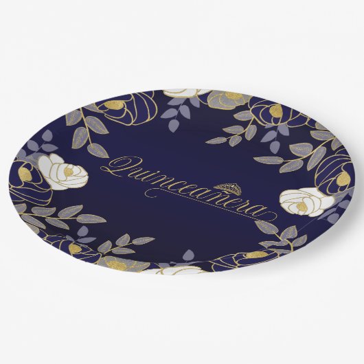 キンセアニェラとティアラボタニカルのブルーと金ゴールド ペーパープレート (アングル)