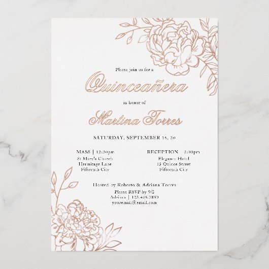 キンセアニェラとマスエレガントボタニカルバラ金ゴールド 箔招待状 (正面)