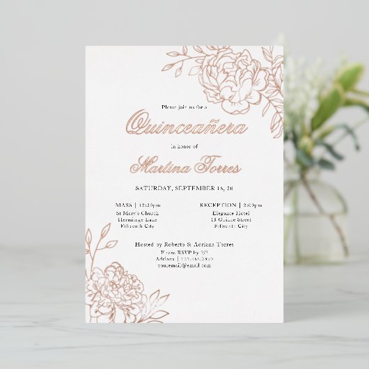 キンセアニェラとマスエレガントボタニカルバラ金ゴールド 箔招待状 (立ち正面)