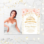 キンセアニェラと写真 – 金ゴールドピンクフローラ 招待状<br><div class="desc">キンセアニェラ誕生日パーティーの招待状と写真。金ゴールド紙吹雪、ティアラと赤面ピンクのバラが特徴。上品なフローラデザインとグラムフェイクグリッター。毎日のエレガントお祝い。</div>