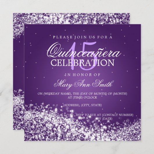 キンセアニェラのエレガントなパーティーのきらめくな波2の紫色 招待状 (正面/裏面)