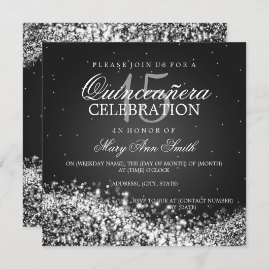 キンセアニェラのエレガントなパーティーのきらめくな波2の黒 招待状 (正面/裏面)