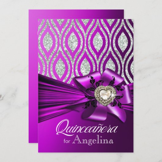 キンセアニェラのグリッターの幾何学的な楕円形の紫色の銀 招待状 (正面/裏面)