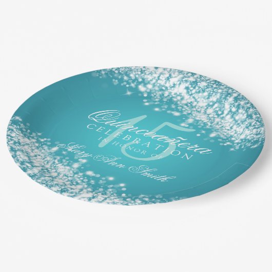 キンセアニェラのパーティーのきらめくな波のターコイズ ペーパープレート (アングル)