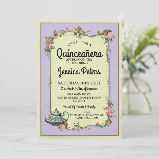 キンセアニェラのパーティーの不思議の国のティーポットの茶招待 招待状 (スタンド正面)