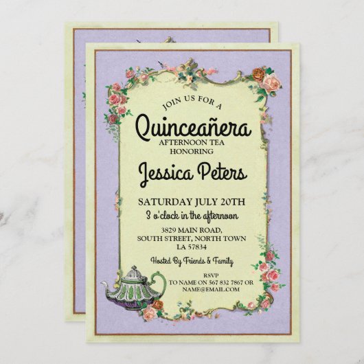 キンセアニェラのパーティーの不思議の国のティーポットの茶招待 招待状 (正面/裏面)