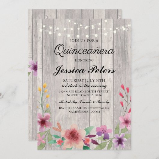 キンセアニェラのパーティーは素朴な木製の花の招待をつけます 招待状 (正面/裏面)