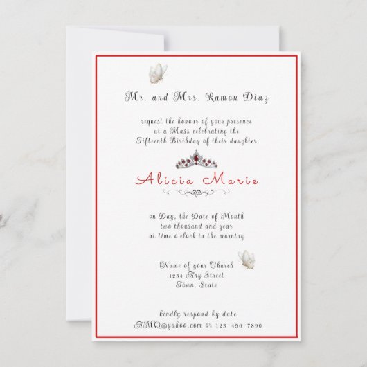 キンセアニェラの少女が赤いガウンを着てアトリウムに入る 招待状 (裏面)