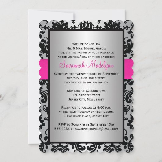 キンセアニェラの招待の黒い|印刷されたリボンのピンク 招待状 (裏面)
