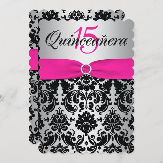 キンセアニェラの招待の黒い|印刷されたリボンのピンク 招待状 (正面/裏面)