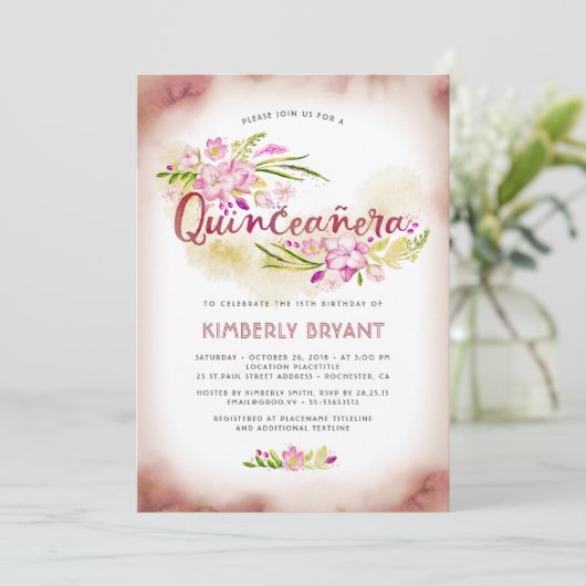 キンセアニェラの第15誕生会のピンクの花柄 招待状 (スタンド正面)