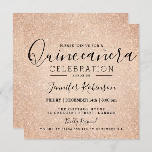 キンセアニェラの第15誕生日のばら色の金ゴールドのグリッターのペンキ 招待状 (正面/裏面)