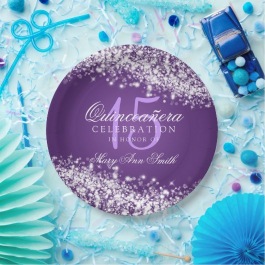 キンセアニェラの誕生会のきらめくな波の紫色 ペーパープレート (パーティー)